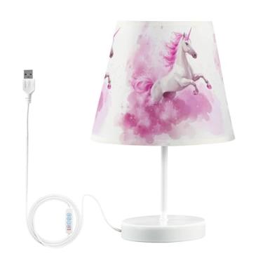 Imagem de Joisal Candeeiros de cabeceira com desenho de unicórnio com abajur de linho, luminária de mesa regulável