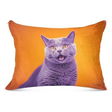 Imagem de Linda fronha de flanela roxa gato gatinho laranja decorativa padrão queen king size fronha fofa para sofá cama de casa, tamanho Queen, 50,8 cm x 76,2 cm