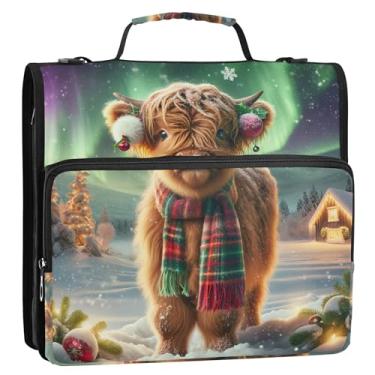 Imagem de Pastas de 3,8 cm para trabalho, 3 anéis, anel D de Natal, vaca Highland, presente, fichário com zíper, portfólio e estojo, suporte de pasta de anel, bolsa de fichário com alça para escola