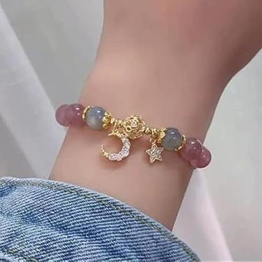 Imagem de Pulseira simulada com contas de estrela e lua ctystal com pedra da lua, pulseira minimalista de cristal INS para amor, amizade e presente de dia dos namorados, linda joia de pedra preciosa rosa