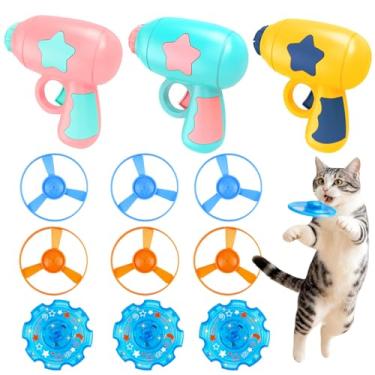 Imagem de IAXSEE Conjunto de 12 peças de brinquedo para buscar gatos com 3 piões azuis e 6 discos voadores coloridos brinquedos interativos para gatinhos, perseguição, treino, caça