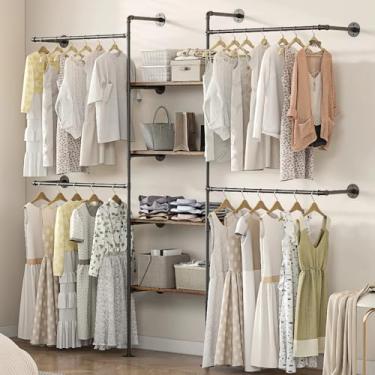 Imagem de DABILONGC Suporte industrial para roupas, cabide ajustável resistente com prateleiras, 2 métodos de instalação, sistema de armazenamento de armário para organização de guarda-roupa (preto)