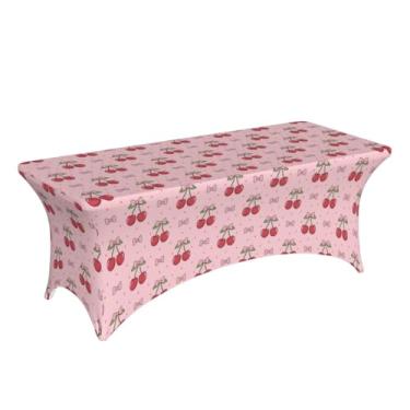 Imagem de XBFCDN Toalha de mesa elástica com estampa de cereja – decoração rosa do dia dos namorados, toalha de mesa retangular com bolsos para os pés, toalha de mesa elástica lavável para festas/casamentos