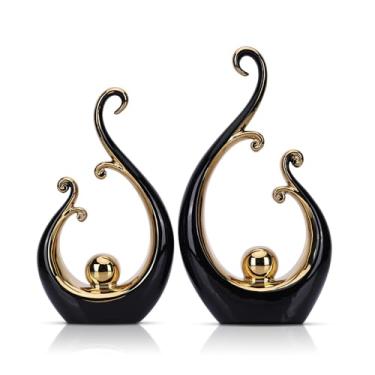 Imagem de LCCCK Estátua de cerâmica para decoração preta e dourada brilhante, arte de escultura abstrata moderna para centro de mesa de luxo - Prateleiras de livros e decorações de mesa de jantar, suporte de TV