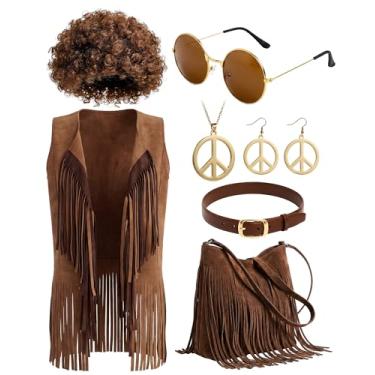 Imagem de Funnysoft 7 peças, roupa feminina dos anos 60 e 70, fantasia de festa hippie de camurça sintética, colete com franjas, bolsa de óculos de sol, colar e brinco (G)