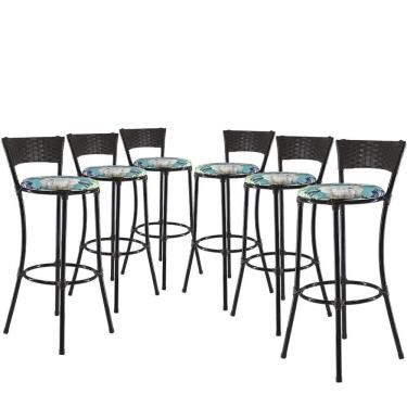 Imagem de Jogo Com 6 Banquetas Alta Forts Fibra Uv Bancada, área Goumert, Bar, Piscina, Balcão, Azul Floral