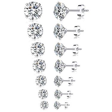 Imagem de Tornito Conjunto de 7 pares de brincos de aço inoxidável 18G 20G de zircônia cúbica redonda para homens e mulheres 2 mm - 8 mm prateado, 2mm, 3mm, 4mm, 5mm, 6mm, 7mm, 8mm, Aço inoxidável Prata