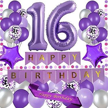 Imagem de yujiaonly Decoração de festa de aniversário de 16 anos roxo banner de papel de feliz aniversário roxo 101,6 cm número 16 balões de látex e confetes perfeitos para festas de 16 anos balões número 16 roxo