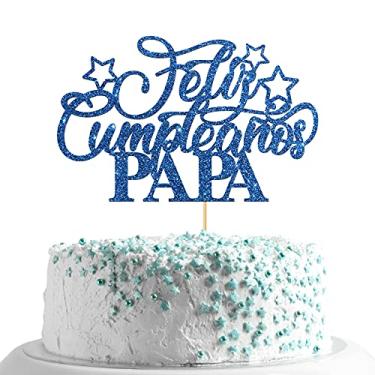 Imagem de Topo de bolo Papa Feliz Cumpleaños com glitter azul / Decoração de festa de aniversário papai / Feliz Dia dos Pais / Decorações de festa com tema espanhol