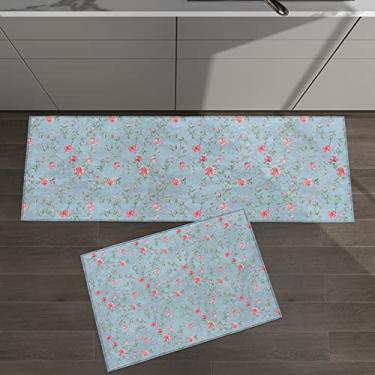 Imagem de Conjunto de 2 tapetes de cozinha folhas de flores rosa estampa floral retrô azul para tapetes acolchoados no chão e tapetes antiderrapantes absorventes corredor confortável tapete de pé