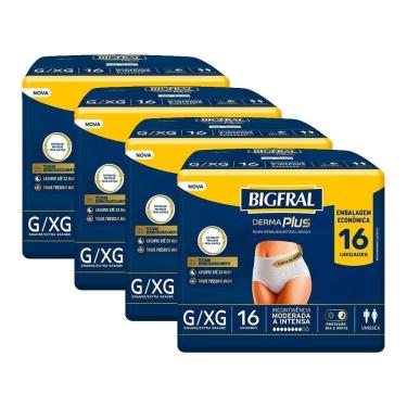 Imagem de Roupa Íntima Bigfral Derma Plus Tamanho G/XG - 4 Pacotes com 16 Fraldas - Total 64 Tiras