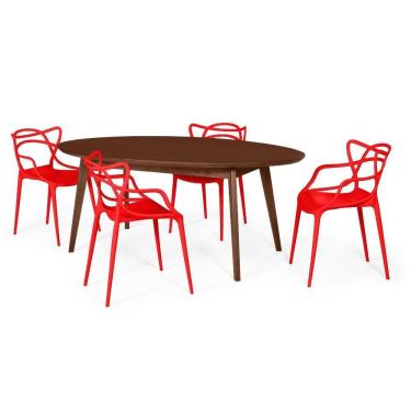 Imagem de Conjunto Mesa De Jantar Oval Vértice Nozes 190Cm Com 4 Cadeiras Allegra - Vermelho