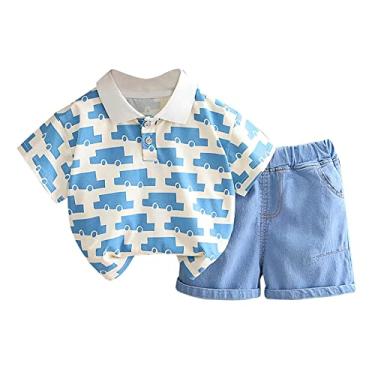 Imagem de Conjunto de shorts para bebês meninos papai camiseta estampada carro shorts jeans infantil suspensórios e gravata borboleta, Azul, 6-12 Months