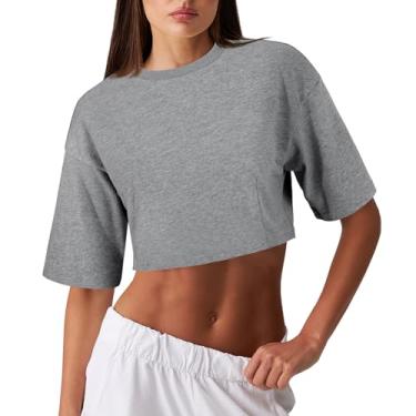 Imagem de Fisoew Camisetas femininas de algodão manga curta atléticas verão solo básico para treino, Cinza Marle, M