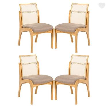 Imagem de Kit 4 Cadeiras para Mesa de Jantar Lisboa com Encosto Rattan Madeira Maciça Linho Marrom L87 RMI