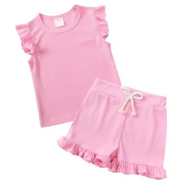 Imagem de SEAUR Conjunto de camiseta e calça de manga curta para meninas com nervuras, camiseta e calça de perna larga, conjunto de 2 peças, C - rosa, 2-3 Anos