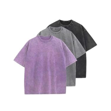 Imagem de Eisctnd Camisetas masculinas grandes unissex vintage camiseta de algodão sólido lavagem ácida casual hip hop tops, Preto + roxo + cinza, M