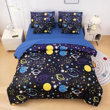 Imagem de Jogo de cama de solteiro, temática espacial, foguetes, 7 peças, para meninos, meninas, com edredom e lençóis