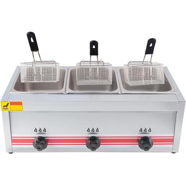 Imagem de Fritadeira a gás de grande capacidade 10/20/30L, fritadeira a GLP de aço inoxidável para uso doméstico e comercial, potência de fogo ajustável, com cestos e tampas, para batatas fritas, donu