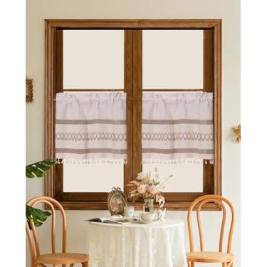 Imagem de BOYOUTH Cortina de saia curta listrada marrom e geométrica de linho e algodão, cortinas com bolso de varão para cozinha, sala de jantar, café, banheiro decoração de janela pequena, 73 x 61 cm, 2