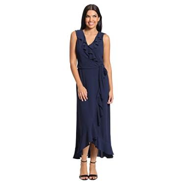 Imagem de London Times Vestido longo feminino macio e rodado com babados Hi-Low Faux Wrap, Blazer azul-marinho, 48