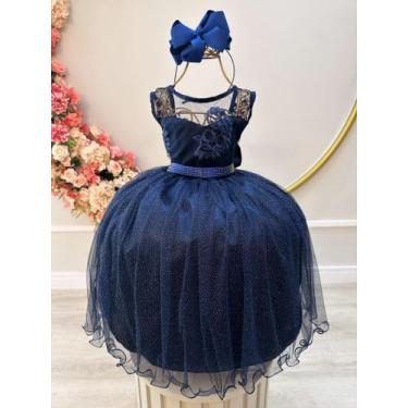 Imagem de Vestido Infantil Azul Escuro C/ Renda Realeza e Tule Glitter - Enjoy, 