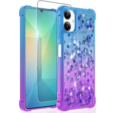 Imagem de Guzhthi Capa para Galaxy A06: Capa de telefone de canto à prova de choque de areia movediça líquida com glitter transparente para Samsung Galaxy A06 com protetor de tela de vidro temperado - azul roxo