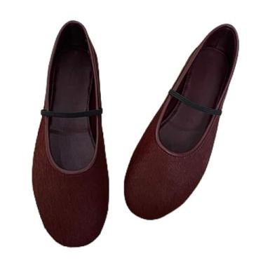 Imagem de Sapatos femininos minimalistas vintage crina de cavalo Mary Jane sapatos elegantes de couro genuíno mocassim feminino, Borgonha, 34