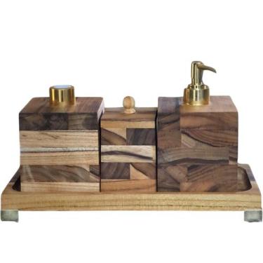 Imagem de Kit Higiene Lavabo / Banheiro 4pçs - Madeira nobre "Teca" - Quadrado -