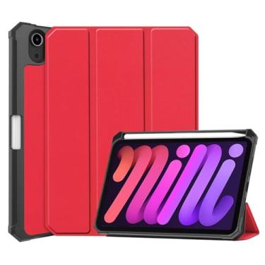 Imagem de Zrengp Capa inteligente para Apple iPad Mini 6/7 21.1 cm versão 2021 2024 A2567 A2568 A2993 A2995, ultra fólio, leve, com suporte para caneta stylus para iPad Mini 6ª 7ª geração (TPU-vermelho)