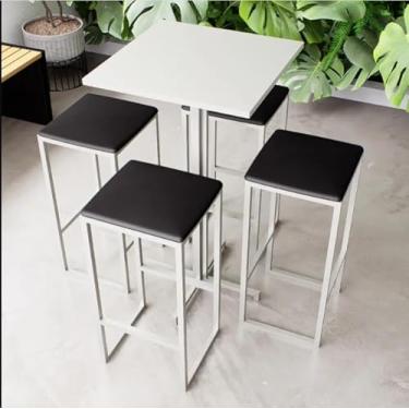 Imagem de Conjunto Mesa Alta Bar Bistrô Quadrada Branca 4 Bancos Estofado Industrial White (Preto)