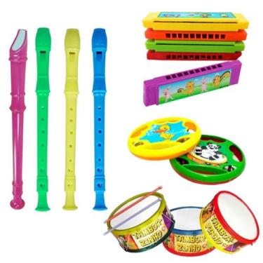 Imagem de Kit 4 brinquedos musical flauta, pandeirola, tamborzinho, gaita instru
