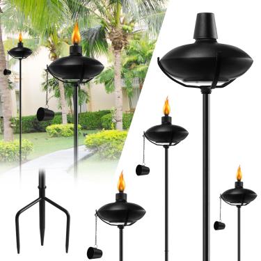 Imagem de FAN-Torches Pacote com 6 tochas de jardim doméstico, tocha de metal ao ar livre, tochas de citronela atualizadas de 138 cm com estaca aterrada de 3 pinos, tochas de metal leves para caminho de festa e pátio (mais estável)