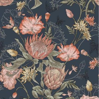 Imagem de Amaowdc Papel de parede floral descasque e cole 43,9 cm x 299,7 cm papel de parede vintage floral escuro e rosa removível autoadesivo em papel de parede para banheiro quarto papel de contato removível