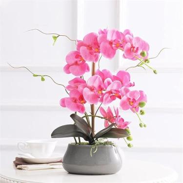 Imagem de DCYEQRQ Flor artificial 43 cm Orquídea artificial de seda Phalaenopsis flores artificiais com vaso conjunto de orquídeas falsas modernas florais falsas