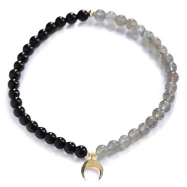 Imagem de Pulseira feminina de lua com turmalina negra e labradorita de 4 mm/198