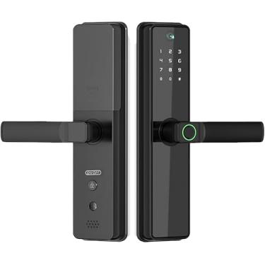Imagem de Fechadura de porta inteligente WiFi com alça de entrada sem chave, senha, impressão digital biométrica, acesso por chave, trava de fechadura de teclado, segura para portas de madeira e alumínio