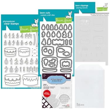 Imagem de Lawn Fawn Cake It Easy Conjunto de carimbos transparentes de 10 x 15 cm, matrizes coordenadas e estêncil de colorir, adesivos de scrapbook, quadrados de espuma, bolso de armazenamento Carnora, pacote