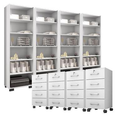 Imagem de Kit 4 Gaveteiros Para Escritório Gávea Com Chave E 4 Livreiros Office Branco Fosco – Móveis Leão