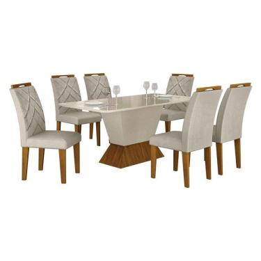 Imagem de Mesa De Jantar Larissa 180x90 Off White Freijó Com 6 Cadeiras Mdf Freijó Joli Palha - Leifer Móveis