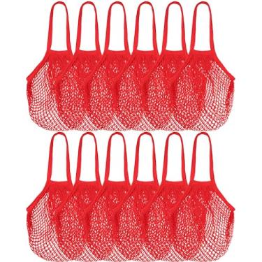 Imagem de Eccliy 12 peças Farmers Mesh Grocery Bag Beach Bags Bulk Reutilizável Rede de Algodão Estética Portátil Tote com Alças para Frutas Vegetais (Vermelho)