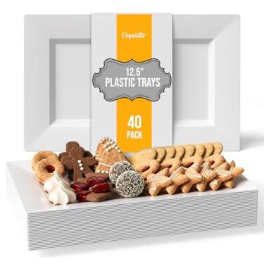 Imagem de Exquisite Bandejas de plástico branco para festa - Conjunto de 40 travessas de servir de 30 cm, bandejas de plástico branco, bandeja branca, bandeja de comida bandeja de festa descartável para festas,