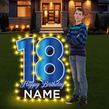 Imagem de Yoirrat Placas Grandes De 27,5" Para Jardim, 18 Anos, Com Nome Personalizado, Gramado, 18º Aniversário, Luzes Led, Pretas E Azuis, Estacas Meninos, Festas Ao Ar Livre