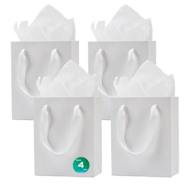 Imagem de Aosric Pacote com 4 sacos de presente brancos de 15 x 7,5 x 18 cm com papel de seda - pequenos sacos de presente resistentes e reutilizáveis com alças de fita para joias, perfumes, lembrancinhas de