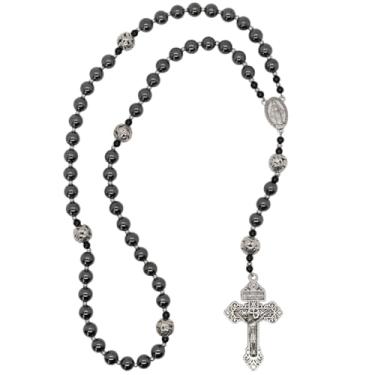 Imagem de VILLAGE GIFT IMPORTERS Terço católico hematita com crucifixo de perdão | 45,7 cm de comprimento | Devocional poderoso para oração e proteção | Batalha com o poder da oração