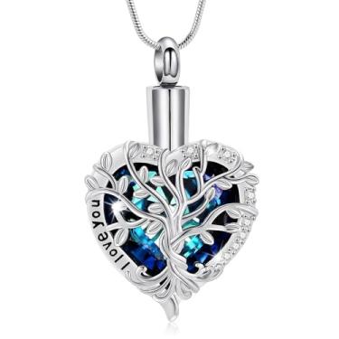 Imagem de AIWENXI Colar de urna árvore da vida para cinzas para homens e mulheres em forma de coração pedra do mês de nascimento joia de cremação memorial animal de estimação pingente de lembrança de aço