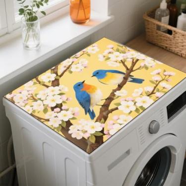 Imagem de GLOBLELAND Blue Birds Lavadora de lavanderia e secadora tapete de cobertura contra poeira 59,9 x 49,8 cm flores ramos máquina de lavar roupa protetor superior almofada retro antiderrapante lavagem