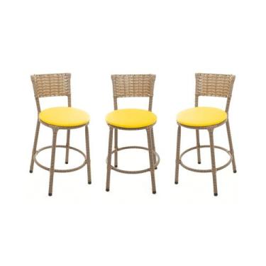 Imagem de KIT 3 Banqueta Baixa Encapada Junco CAPPUCCINO Bar Cozinha - ESPAÇO JU