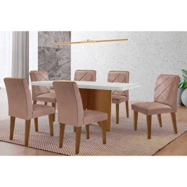 Imagem de Conjunto Sala de Jantar Nevada c/ Tampo Madeirado c/ Vidro Canto Curvo 180x90cm e 6 Cadeiras Pietá Madeira Maciça Naturale/Off White - Capuccino/Linho