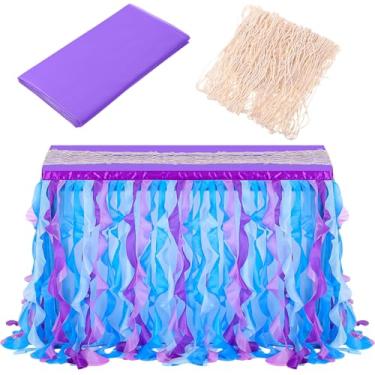 Imagem de Newwiee 3 Pcs Nautical Themed Party Decoration 6ft Tulle Ruffle Curly Table Skirt Fishnet Plastic Tablecloth Ocean Themed Party Table Decoration for Mermaid Baby Shower Birthday Decor(Purple)